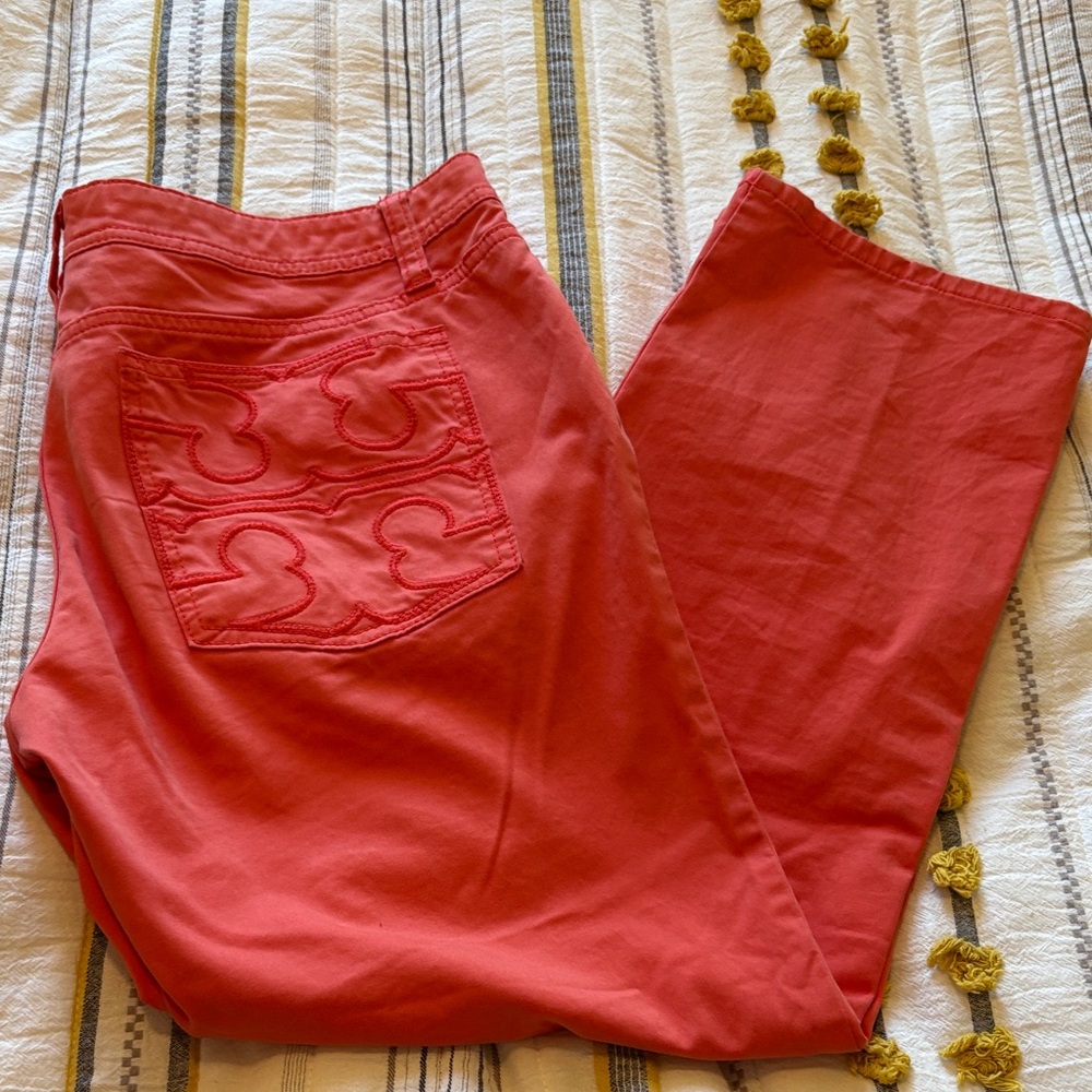 Tory Burch Coral Red Pants with Branded Waist Tag